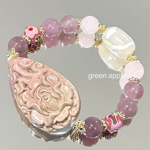 《癒しの石》花(アラシャン瑪瑙)と白蛇天珠、ローズクォーツのブレスレット 内径約15.5㎝