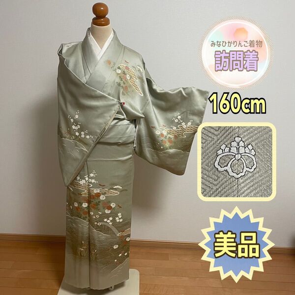 【美品】【訪問着】銀鼠色 グレー 流水に四季草花 地紋あり 紗綾形 一つ紋 桐 フォーマル 卒業式 入学式 正絹