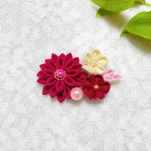 HC2-013 つまみ細工 ヘアクリップ 髪飾り ピンク クリーム
