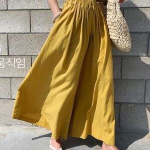 ガウチョパンツ 人気 ワイドパンツ 黄色 ウエストゴム レディース 春夏 リネン 快適 ロング 着やすい 肌触り 涼しい おしゃれ