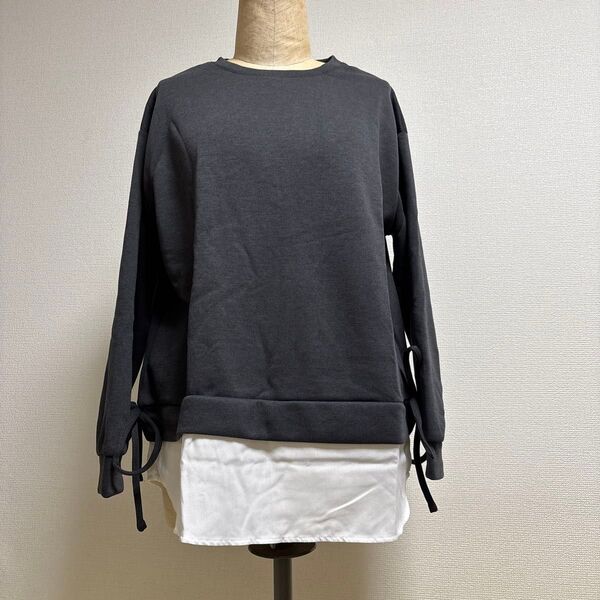 新品 タグ付き レイヤード風トップス グレー×ホワイト 長袖