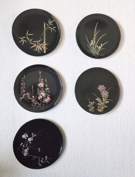 輪島塗・蒔絵/ 21cm丸盆(菓子皿など)5枚セット