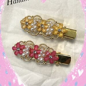ハンドメイドヘアクリップ オレンジ、ピンクフラワー