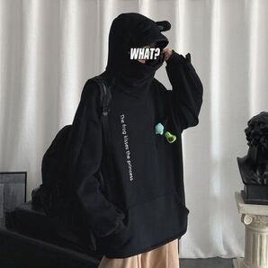 韓国 メンズ かえる フード パーカー オーバーサイズ ブラック