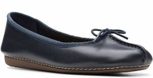 送料無料 Clarks 26cm フラット バレエ ネイビー ブルー レザー 革 ローファー フォーマル スニーカー フラット パンプス ブーツ P50