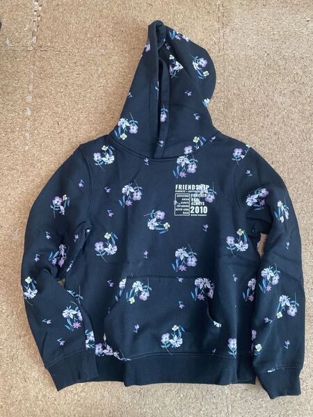 【美品】H&M女の子花柄パーカー ネイビー 裏起毛 スウェット フーディー