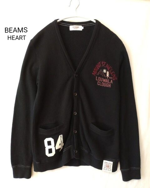 BEAMS HEART ニットカーディガン 綿100% 黒 ワッペン 刺繍