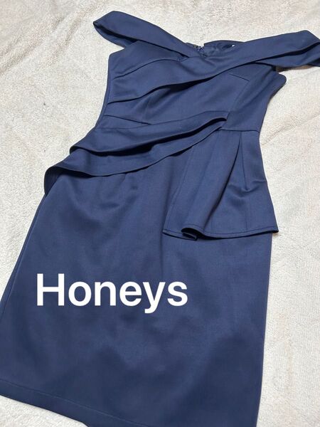 Honeys ドレス キャバドレス ナイトドレス タイト オフショル ペプラム ネイビー