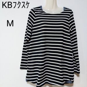 KBフクスケ長袖チュニック375 М ボーダー 紺・白 重ね着風 デニム調 春秋