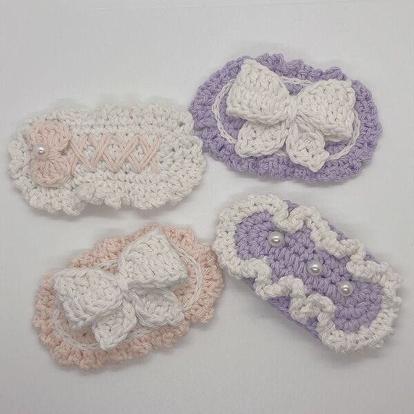 ハンドメイド 手編み かぎ針編み リボン ヘアクリップ クリップ ハンドメイド 編み物 かわいい 毛糸 子供 ハンドメイド ピンク