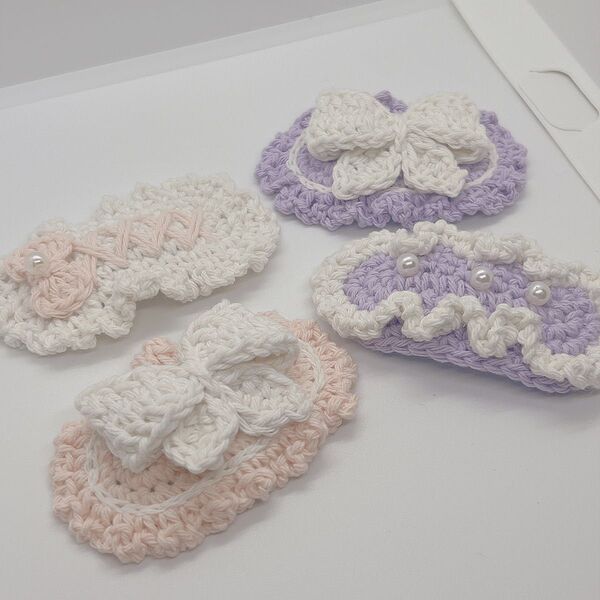 ハンドメイド 手編み かぎ針編み リボン ヘアクリップ クリップ ハンドメイド 編み物 かわいい 毛糸 子供 ハンドメイド ピンク