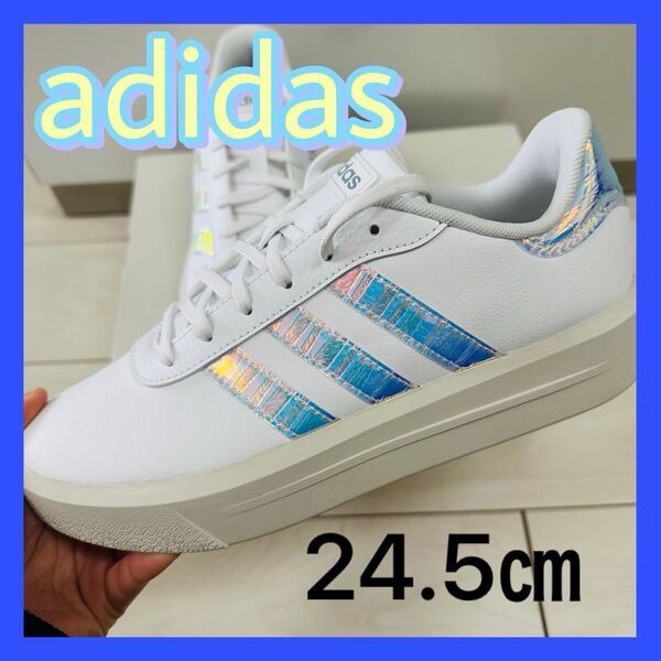 ☆新品☆adidas アディダス コート プラットフォーム ウィメンズ ホワイト ピンク レインボー 厚底スニーカー IG8606