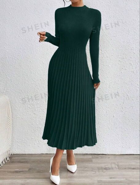 SHEIN ダークグリーン ニット プリーツ ワンピース