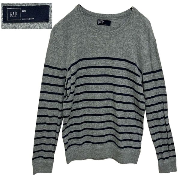 美品 GAP ギャップ ニット 長袖 コットン ボーダー グレー メンズ XS