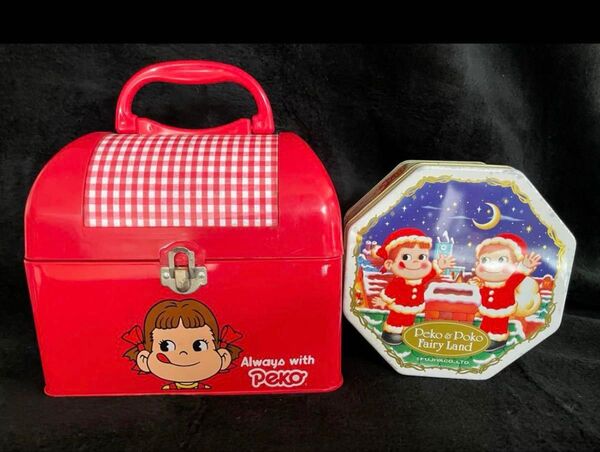 不二家のペコちゃん 缶バスケットとクリスマスバージョンの缶セット 小物入れ 空き缶 昭和レトロ