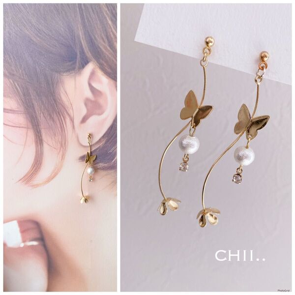 No.539 蝶々ピアス コットンパールピアス フラワーピアス 卒業式 入学式 ハンドメイド