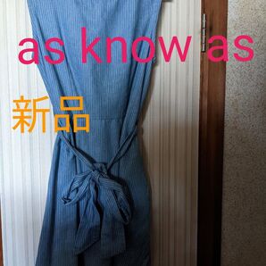 【as know as アズノウアズ】 ノースリーブワンピース(青&白)新品。シャーリングゴム入り。ポケット2つ付き。
