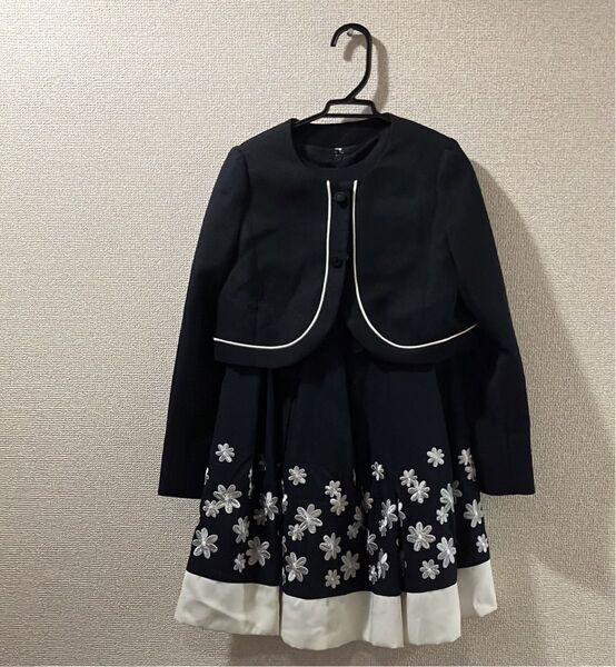 プティマイン 130 ネイビー 花柄刺繍 ワンピース ジャケット付き