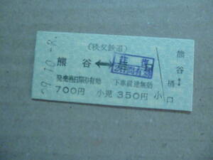 埼玉県秩父鉄道　熊谷駅発行　乗車券　平成29/10/8