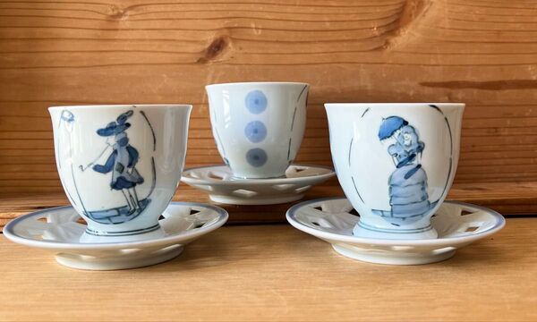 ☆3客 【有田焼】 陶華窯 古染付慕情 茶托付仙茶揃 フリーカップ