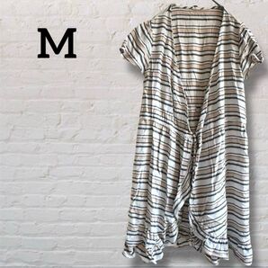 ボーダー オープンフロント カーディガン M ロング 紐あり オフホワイト 長袖 ボーダー