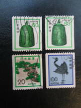 コイル切手　使用済 　新動植物国宝　 20円松、60円梵鐘、100円銀鶴　４枚_画像1