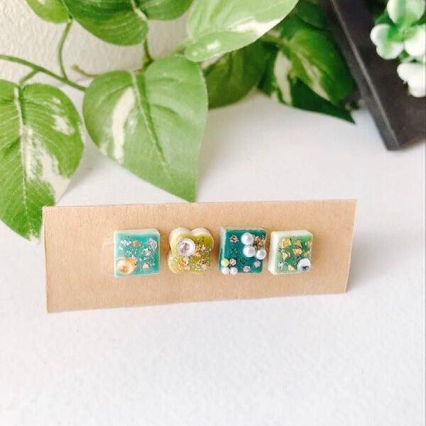 美濃焼4個セット*メロンソーダ ピアス イヤリング ハンドメイド 陶器 美濃焼 セット 上品 イヤリング無料 緑 プレゼント 焼物