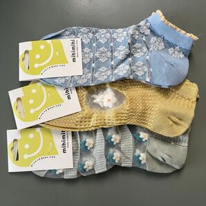 【28-1664】WATSUライフレディースソックス、レース刺繍花3色セット(黄色、緑、青)、春夏、薄い、浅い靴、透明、カジュアル