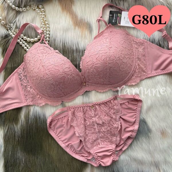 【G80/L ピンク 上下】新品 ブラジャーショーツ パッド内蔵 セクシーパンティ Gカップ 巨乳 男性用ブラ 女装 大きいサイズ