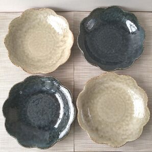 【4枚】新品 日本製 美濃焼 和花 深皿 カレー パスタ 灰釉 青藍 和モダン