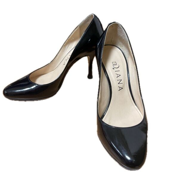 ダイアナ DIANA エナメルパンプス アーモンドトゥ ピンヒール ブラック 美品 22cm