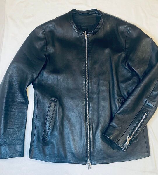 レザージャケット シングルライダースジャケット 羊革 レザーブルゾン L