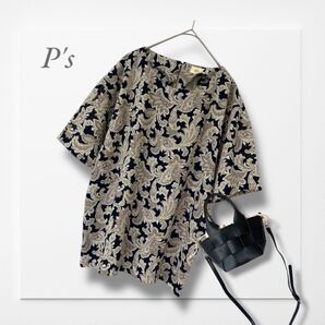 a518.【良品】P's ◆ 半袖トップス (M) ベージュ 紺 古着女子 ふるじょ 日本製