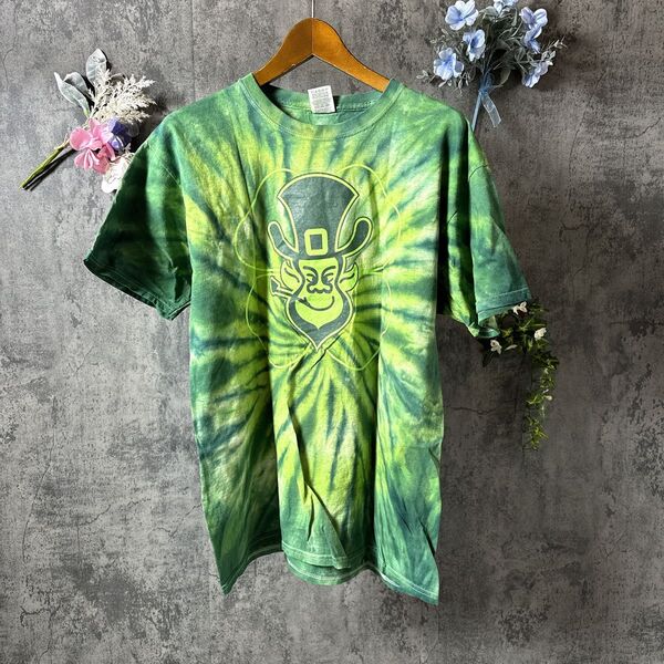 半袖プリントTシャツ タイダイ染め マルチカラー オーバーサイズ サイズL 緑系 メンズ