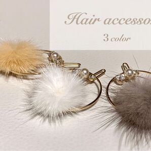 ファー バレッタ ヘアピン ゴールド パール ベージュ ヘアアクセサリー レディース シンプル