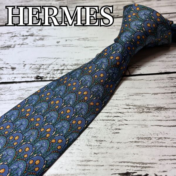 HERMES エルメス 花柄 シルク ネクタイ 青系 総柄 スーツ 結婚式 パーティー