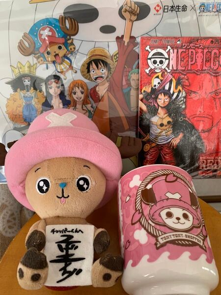 ワンピース チョッパーぬいぐるみ & 湯呑みカップ & 映画ワンピースフィルムレッドパンフ冊子 &A4クリアファイル 4点グッズ