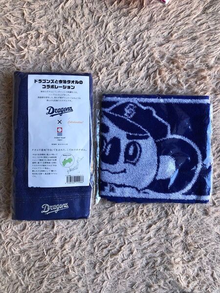 未使用品 中日ドラゴンズ 今治刺繍入りフェイスタオル ネイビー & 中日新聞 ドアラ マフラータオル