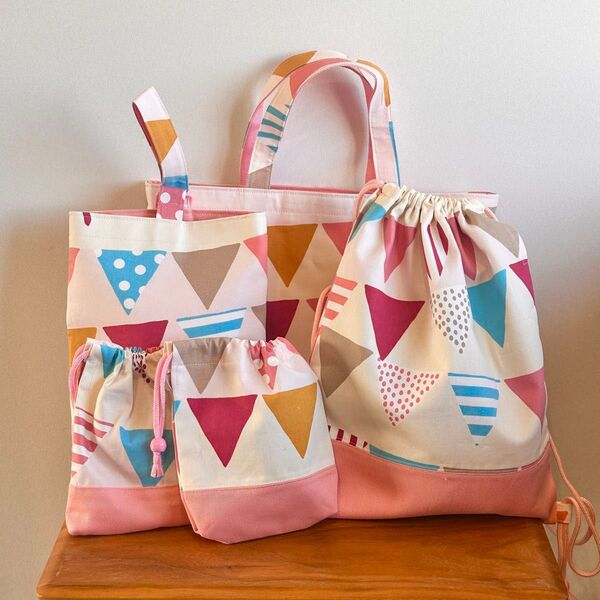 ハンドメイド【入学入園セット5点セット】レッスンバック☆上履き袋☆体操着袋☆コップ用巾着袋×2点