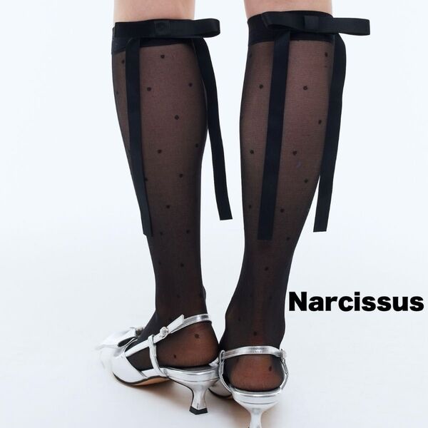 【新品未使用】Narcissus リボンシアソックス ブラック ニーハイ
