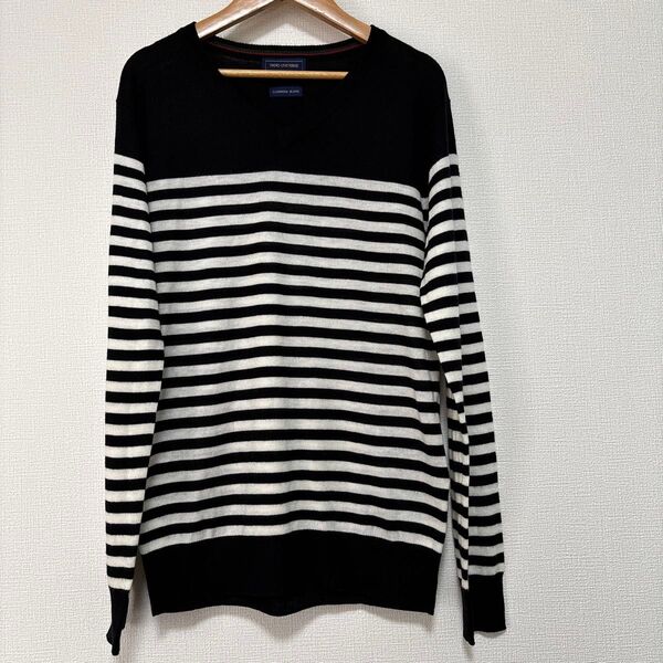 ナノユニバース レディース ニット セーター Vネック 長袖 白黒 ボーダー ウール カシミヤ カジュアル 薄手 インナー 秋 S