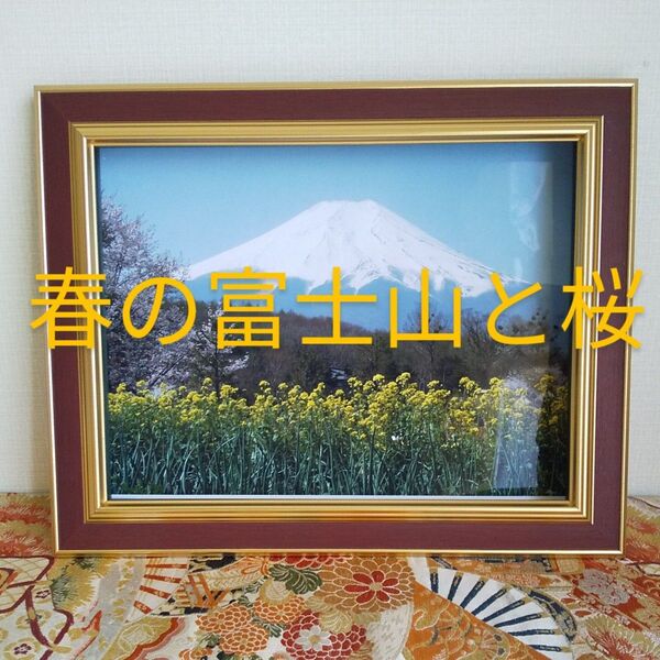 春の富士山と桜 額縁付き F4 赤茶 アクリルカバー インテリア 額装
