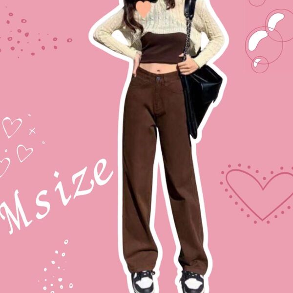 レディース パンツ M ストレート ブラウン ハイウエスト ズボン 韓国