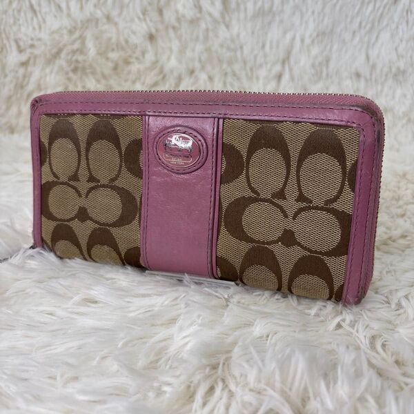 COACH コーチ ラウンドファスナー 長財布 シグネチャー ピンク