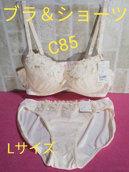 ブラショーツセット ブラジャー C80 ショーツ Lサイズ ピンク系 花刺繍 ワイヤー入り ペティブーケ ブルマーレ
