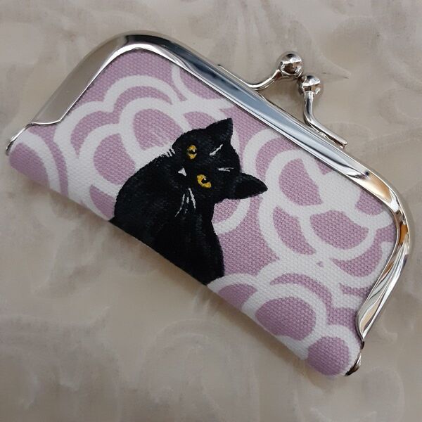 がま口 印鑑ケース黒猫カメリア桃色 ハンドメイド