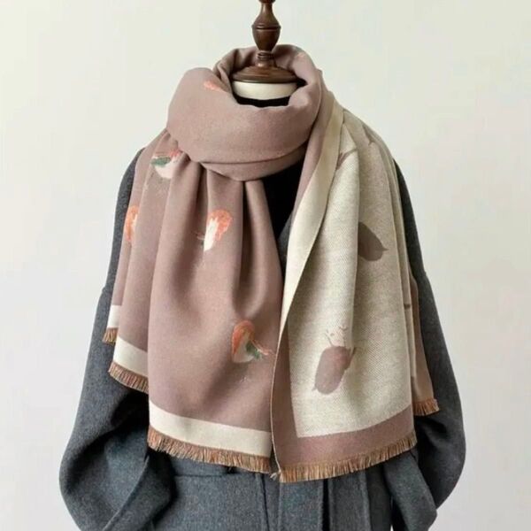 【新品】小鳥 鳥柄 ストール ベージュ 厚手 大判 マフラー 膝掛け ショール ブランケット カシミヤタッチ ブラウン