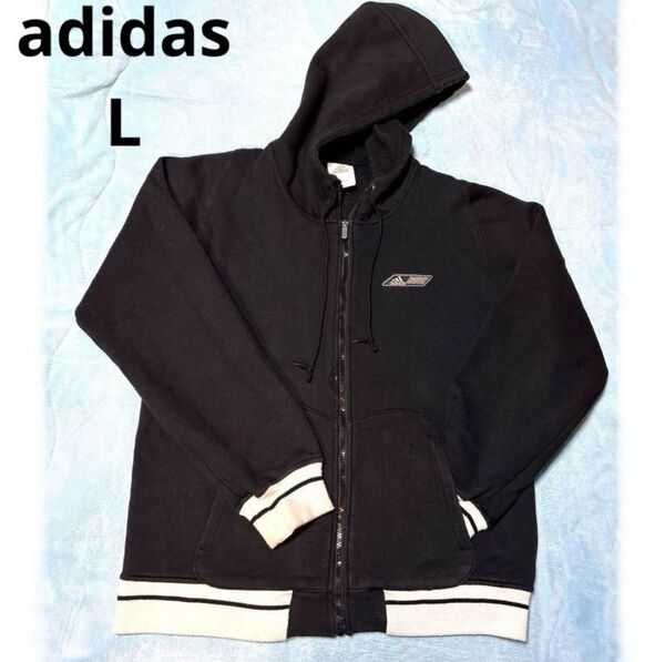 アディダス adidas フード付き ジップアップパーカー暖かトレーナー スウェットパーカー スウェット L ブラック パーカー