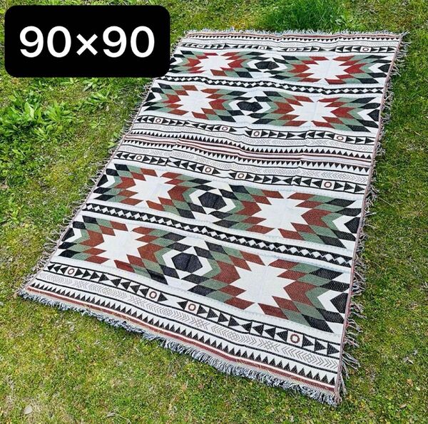【新品未使用】90x90cm ブランケット マルチラグ オルテガ柄 民族柄 大きめ ピクニックマット Cパターン