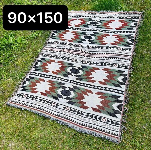 【新品未使用】90x150cm ブランケット マルチラグ オルテガ柄 民族柄 大きめ ピクニックマット Cパターン柄